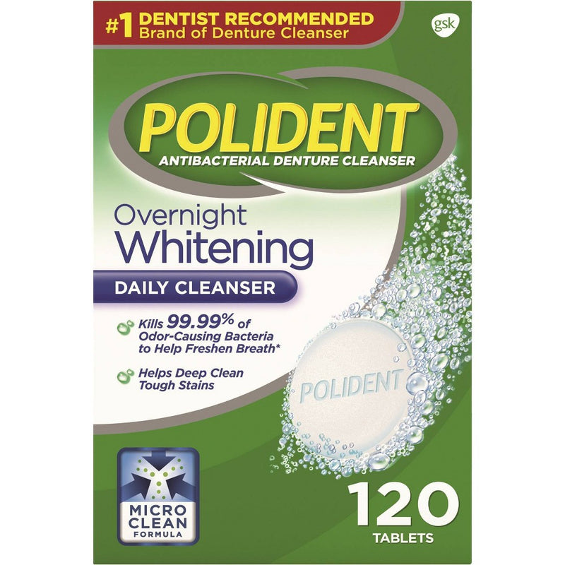 Polident Overnight Whitening, Antibacterial Denture Cleanser Triple Mint Freshness 120 tablets