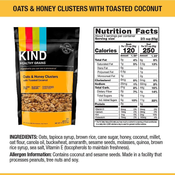 Kind Healthy Grains Clusters, Oats and Honey with Toasted Coconut Granola, 11 oz