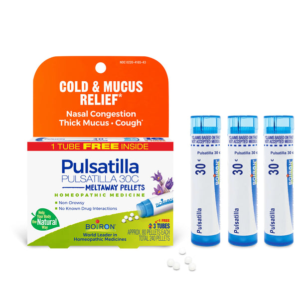 Boiron Pulsatilla 30C Bonus Pack, Homeopathic Medicine for Cold & Mucus Relief, Nasal Congestion, Thick Mucus, Cough, 3 x 80 Pellets