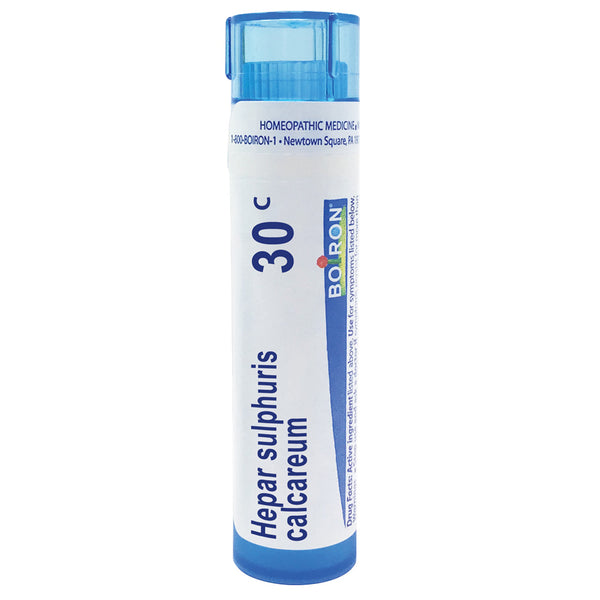 Boiron Hepar Sulphuris Calcareum 30C relieves painful and hoarse dry cough worsened by cold weather, 80 Pellets
