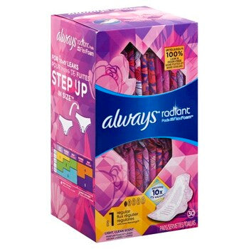 Always Radiant Pads, Size 1, Regular Absorbency, Scented, 30 Count