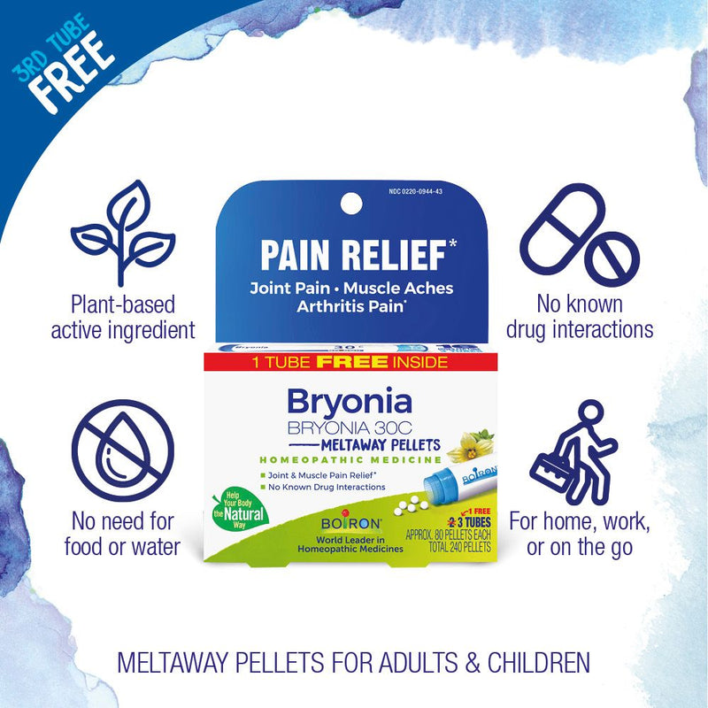 Boiron Bryonia 30c Bonus Pack, Medicina homeopática para alivio del dolor, dolor en las articulaciones, dolor muscular, dolor de artritis, 3 x 80 gránulos