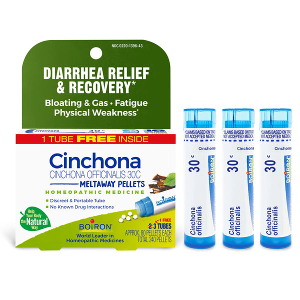 Boiron Cinchona Officinalis 30C Bonus Care Pack, Homeopathic Medicine for Diarrhea Relief & Recovery, 3 x 80 Pellets