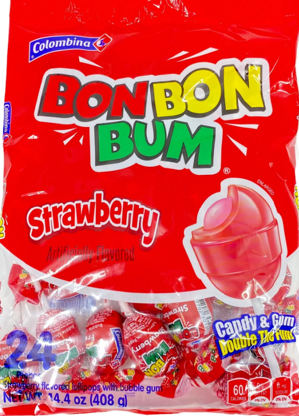 Colombina Bon Bon Bum Strawberry Bubble Gum Lollipops, Pack of 24 Bubble Gum Pops