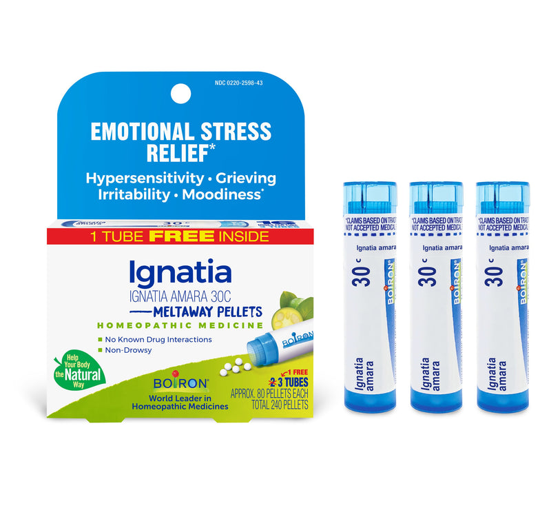 BOIRON IGNATIA AMARA 30C Bonus Pack, Medicina homeopática para alivio del estrés emocional, hipersensibilidad, duelo, irritabilidad, mal humor, 3 x 80 gránulos