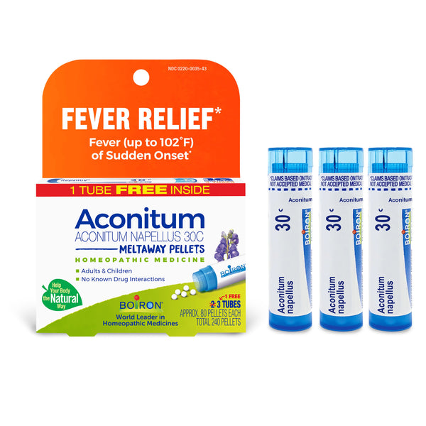 Boiron Aconitum Napellus 30C Bonus Pack Fever Relief, Fever (up to 102¡F) of Sudden Onset, 3 x 80 Pellets