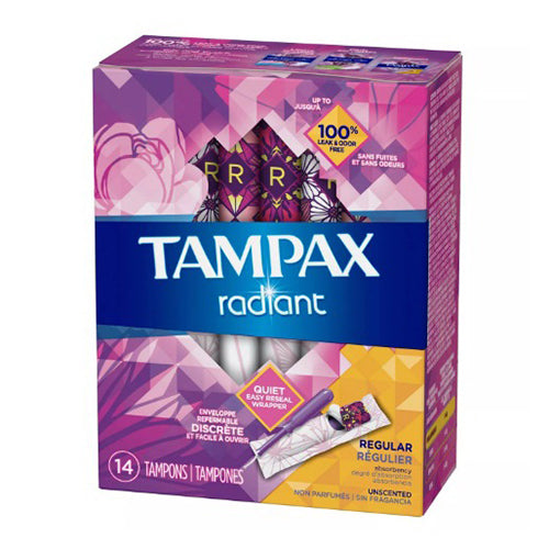 Tampax Radiant Plastic Tampons, Regular Absorbency, Unscented, 14 Count