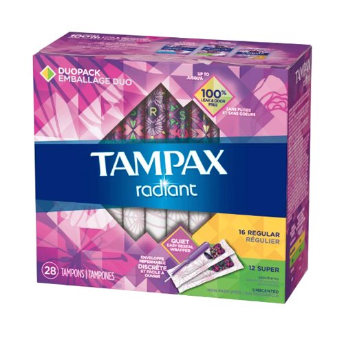Tampax Radiant Tampons, Unscented, 28 Count