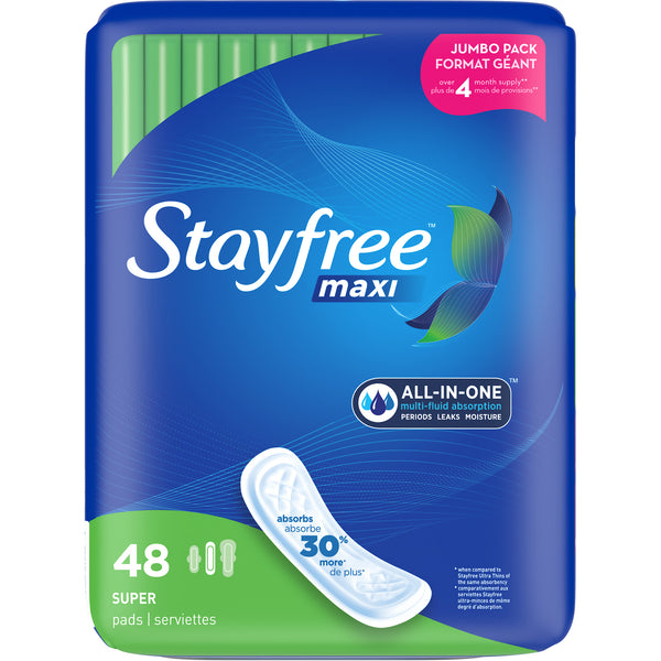 Stayfree Maxi Super Long Pads For Women, 48 count