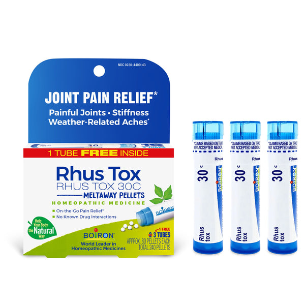 Boiron Rhus Tox 30C Bonus Pack, Homeopathic Medicine for Joint Pain Relief, Painful Joints, Stiffness, Weather-Related Aches, 3 x 80 Pellets