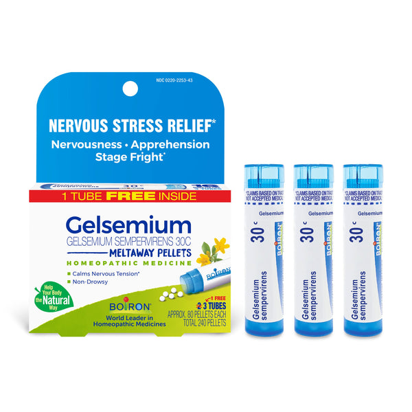 Boiron Gelsemium 30C Bonus Pack, Homeopathic Medicine for Nervous Stress Relief, Nervousness, Apprehension, Stage Fright, 3 x 80 Pellets