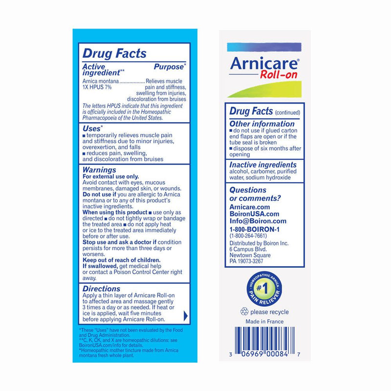 Boiron Arnicare Roll-on, Homeopathic Medicine for Pain Relief, Muscle Pain & Stiffness, Swelling from Injuries, Bruises, 1.5 oz