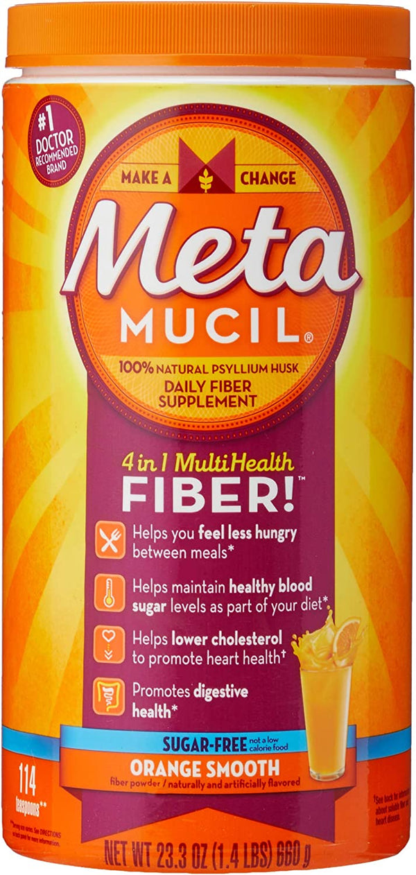 Metamucil Fiber, 4-in-1 Psyllium Fiber Supplement, Sugar-Free Powder, Orange Smooth Flavored Drink, 114 Servings