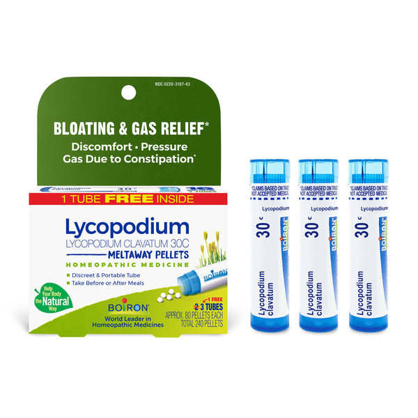 Boiron Lycopodium Clavatum 30C Bonus Pack, Homeopathic Medicine for Bloating & Gas Relief, Discomfort, Pressure, Gas Due to Constipation, 3x 80 Pellets