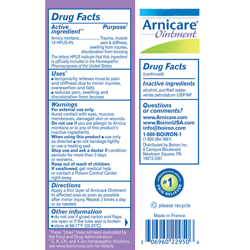 Boiron Arnicare, Homeopathic Medicine for Pain Relief, Muscle Pain & Stiffness, Swelling from Injuries, Bruising, 1 oz Ointment