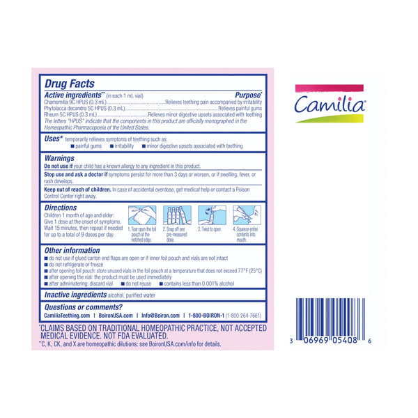 Boiron Camilia Teething Relief, Painful Gums, Irritability, 15 Single Liquid Doses