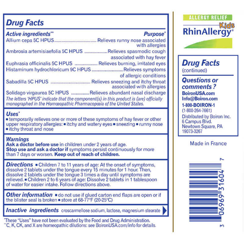 Boiron RhinAllergy Kids, Homeopathic Medicine for Allergy Relief, Sneezing, Runny Nose, Itchy Throat & Nose, 60 Tablets