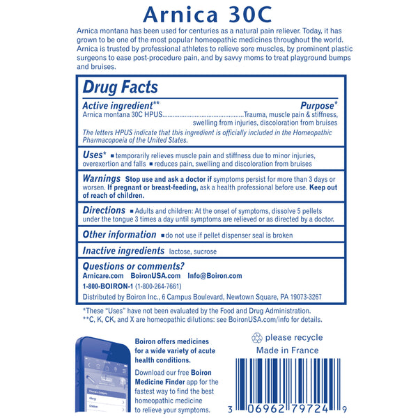 Boiron Arnica 30C Bonus Pack, Homeopathic Medicine for Pain Relief, Muscle Pain & Stiffness, Swelling from Injuries, Bruises, 3 x 80 Pellets