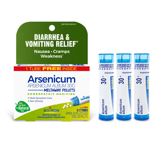 Boiron Arsenicum Album 30C Bonus Pack, Homeopathic Medicine for Diarrhea & Vomiting Relief, Nausea, Cramps, Weakness, 3 x 80 Pellets