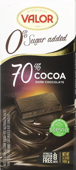 VALOR 70% Dark Chocolate with Stevia, 3.5 Ounce, No sugar Added