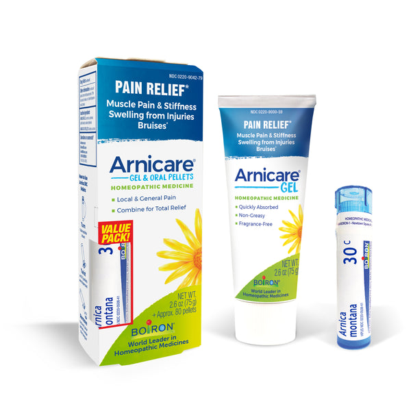 Boiron Arnicare Gel and Arnica 30C Value Pack Pain Relief, Muscle Pain & Stiffness, Swelling from Injuries, Bruising, 2.6 oz and 80 Pellets