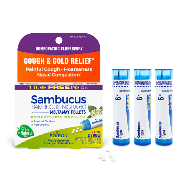 Boiron Sambucus Nigra 6C Bonus Pack, Homeopathic Medicine for Cough & Cold Relief, Painful Cough, Hoarseness, Nasal Congestion, 3 x 80 Pellets