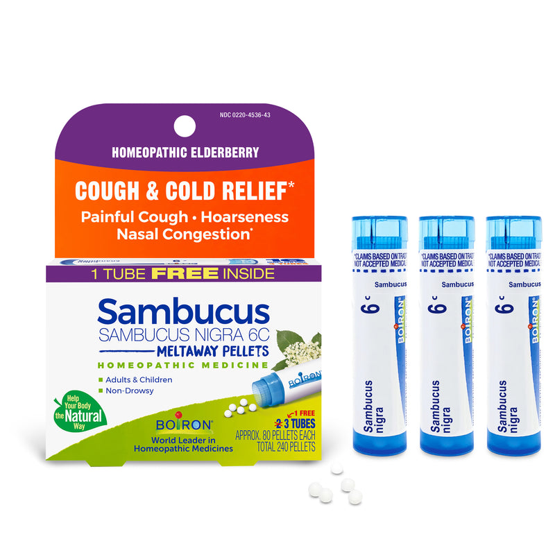 Boiron Sambucus Nigra 6C Bonus Pack, Medicina homeopática para alivio de tos y frío, tos dolorosa, ronquera, congestión nasal, 3 x 80 gránulos