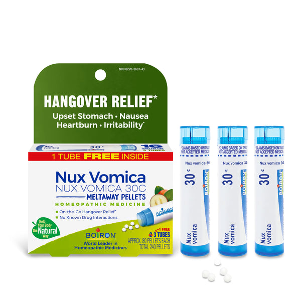 Paquete de bonificación de Boiron Nux Vomica 30C, medicina homeopática para alivio de resaca, malestar estomacal, náuseas, acidez estomacal, irritabilidad, 3 x 80 gránulos